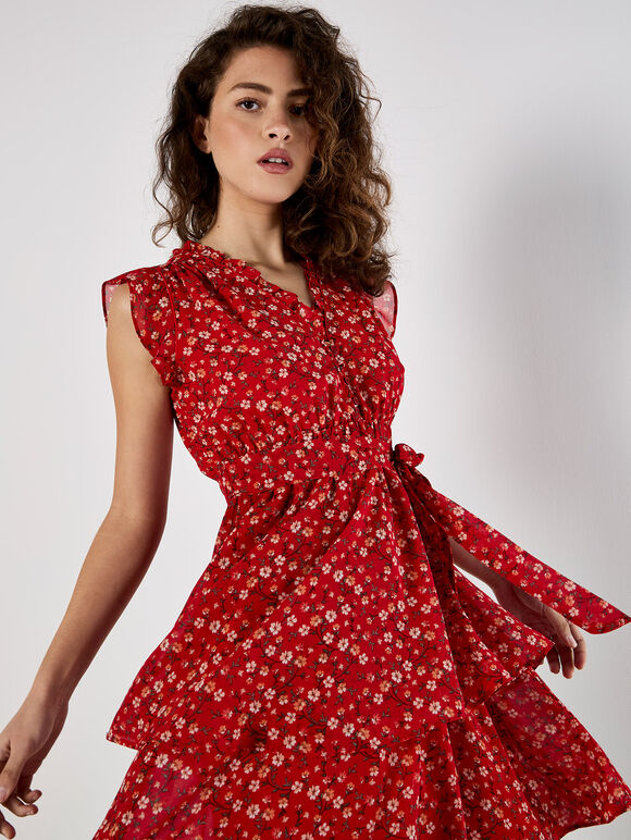 Ditsy Floral Chiffon Mini Dress, Red, large
