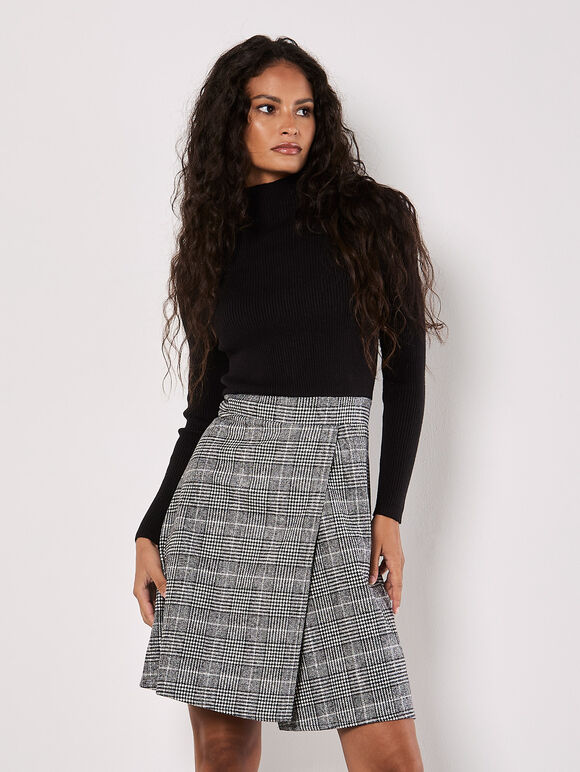 Ribbed Knit Check Skirt Mini Dress, Black, large