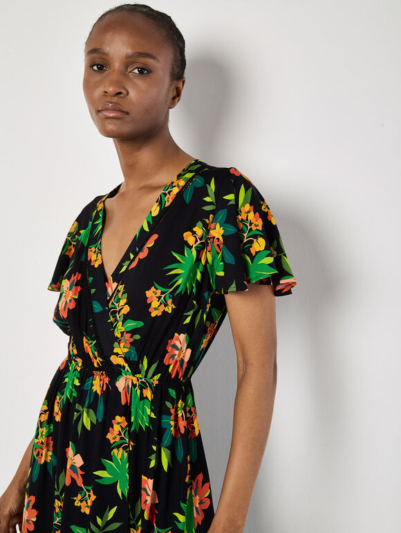 Tropical Print Wrap Maxi Dress, Black, large