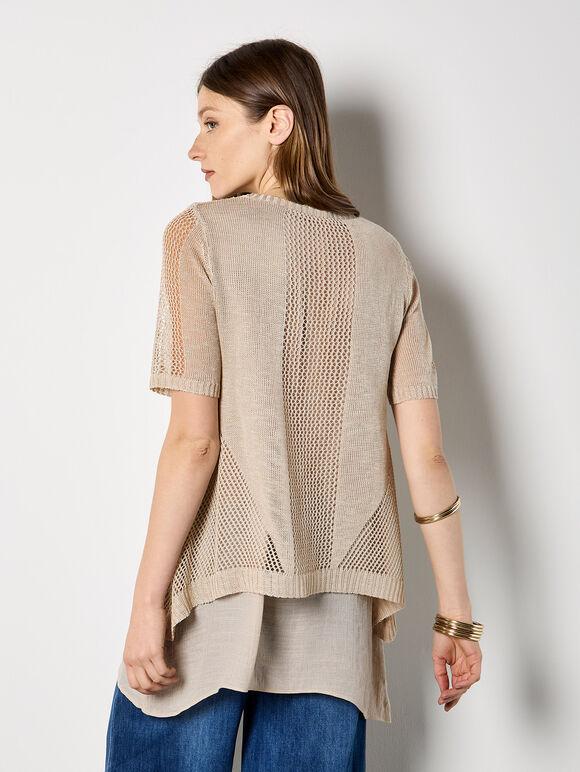 Pointelle Knit Layered Tunic Top, Stone, large