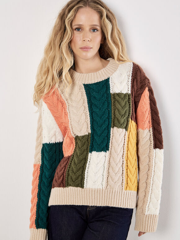 Colour Block Chunky Knit Cable Jumper, Stone, large