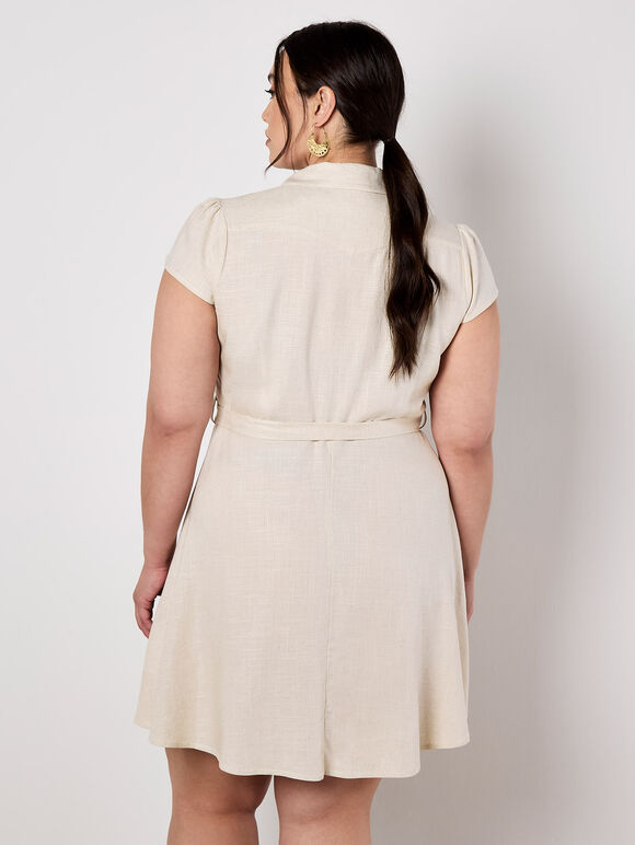 Linen Blend Shirt Mini Dress, Stone, large