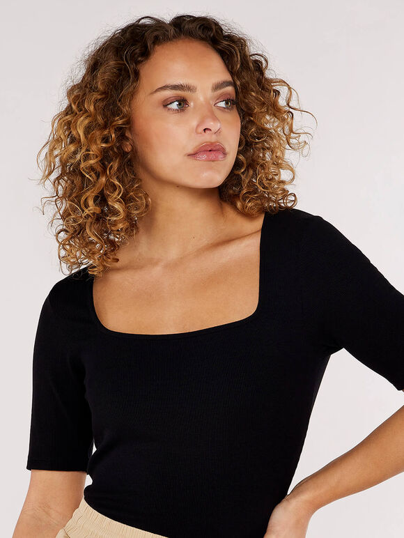 Square Neck Top, Black, large