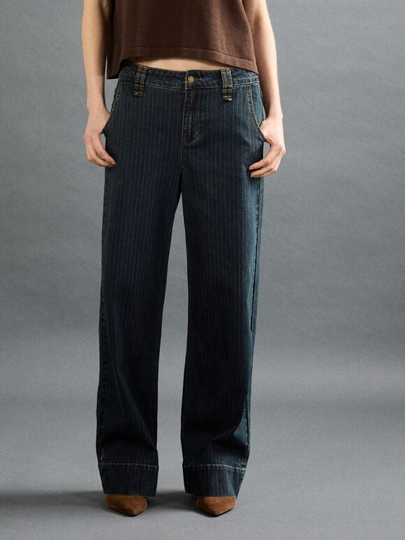 Pinstripe Wide-Leg Denim Jeans, Navy, large