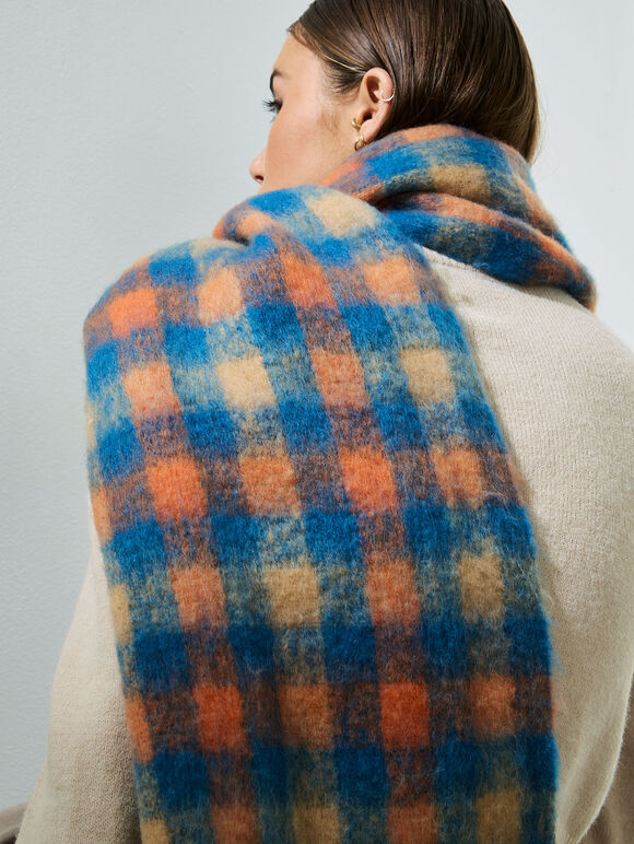 Gingham Check Soft Scarf, Blue, large