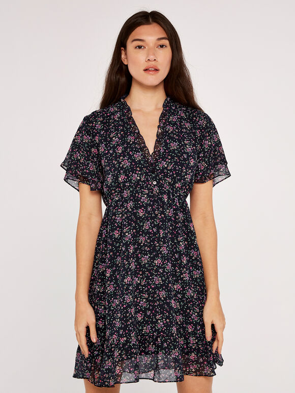 Ditsy Angel Sleeve Dress, Navy, large
