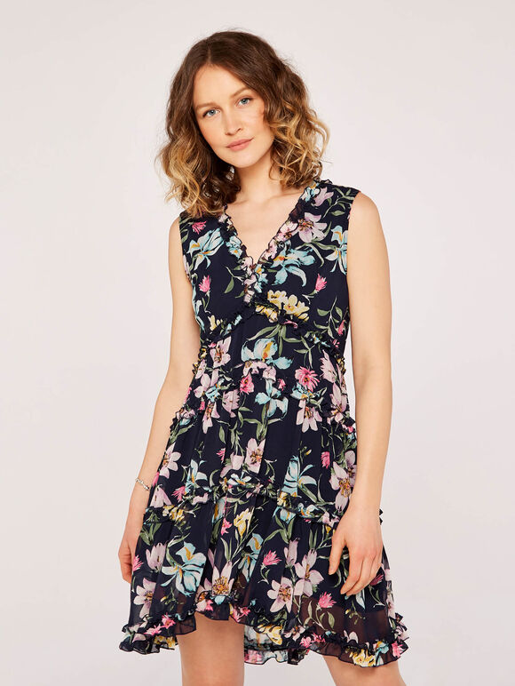Floral Tiered Ruffle Dress, Navy, large