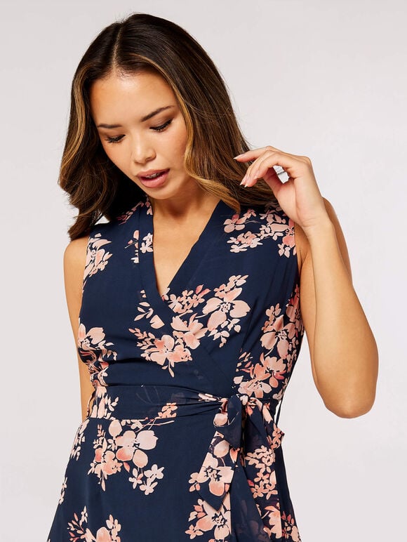 Graphic Floral Wrap Dress, Navy, large