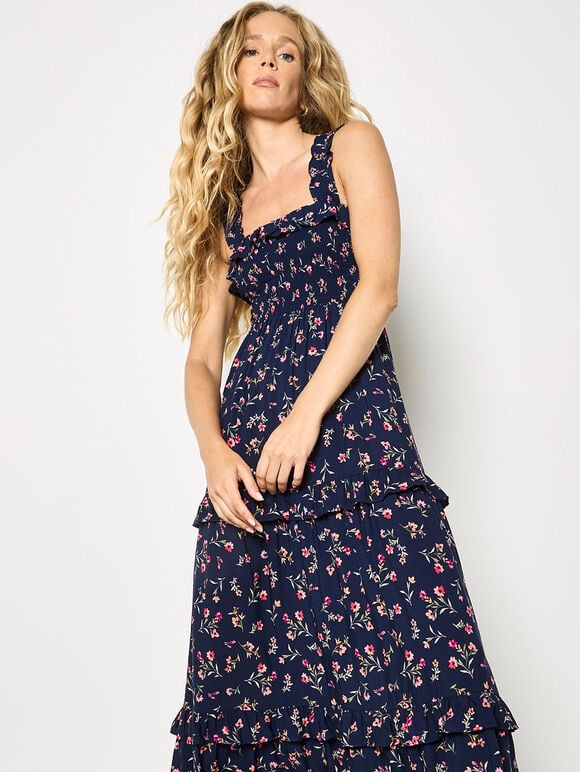 Ditsy Floral Smocked Maxi Dress, Navy, large