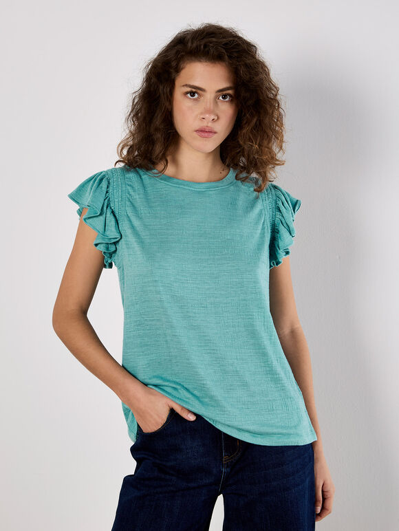 Soft Slub Ruffle Sleeve T-Shirt, Blue, large