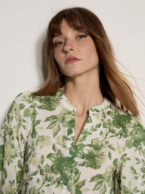 Floral Print Cotton Mini Dress, Green, large