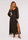 Gold Foil Chiffon Midi Dress, Black, large