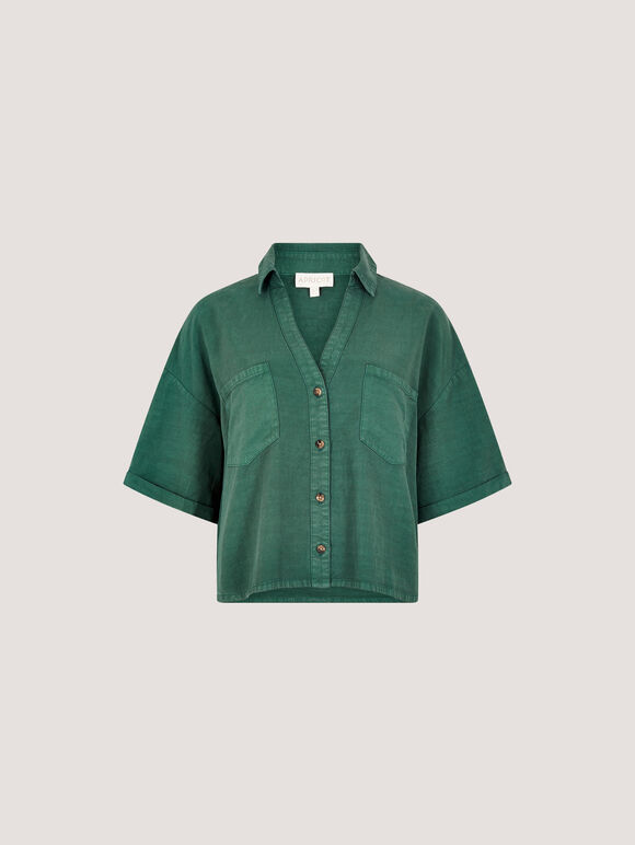 Open Collar Cropped Shirt, Green, large