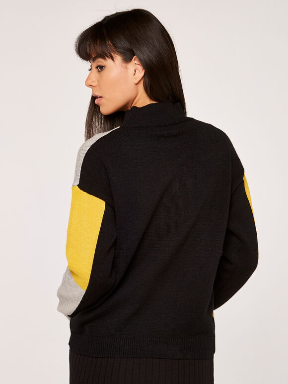 Colour Block Mock Neck Jumper, Mustard, large