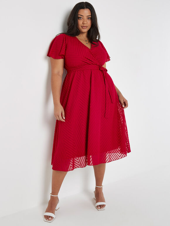 Curve Jacquard Chevron Wrap Midi Dress, Fuchsia, large