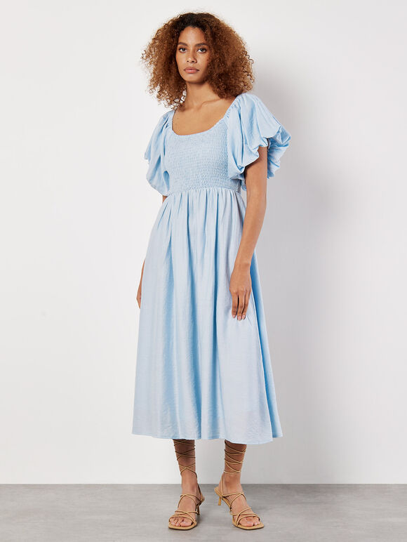 Puff Sleeve Milkmaid Midi Dress, Blue, large