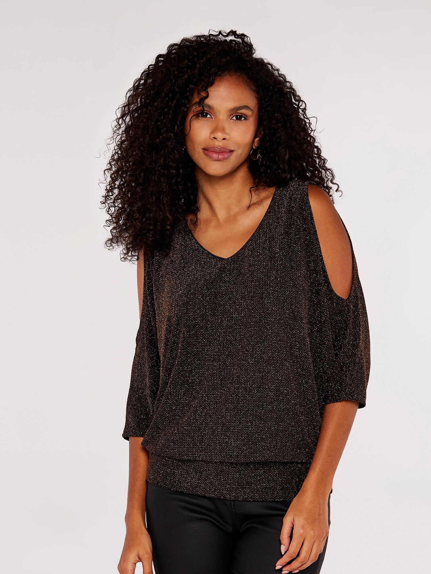 Metallic Sparkle Cold Shoulder Top Apricot Clothing