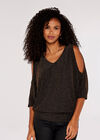 Metallic Sparkle Cold Shoulder Top, Brown, large