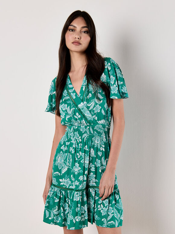 Sarasa Floral Wrap Mini Dress, Green, large