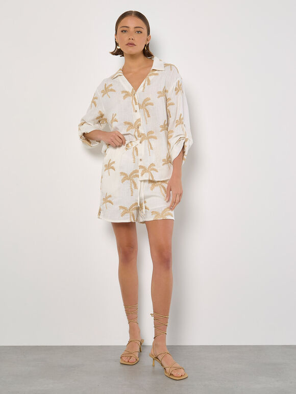 Embroidered Palm Tree Shorts, Cream, large