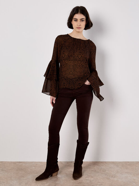 Paisley Print Ruffle Sleeve Blouse, Rust, large