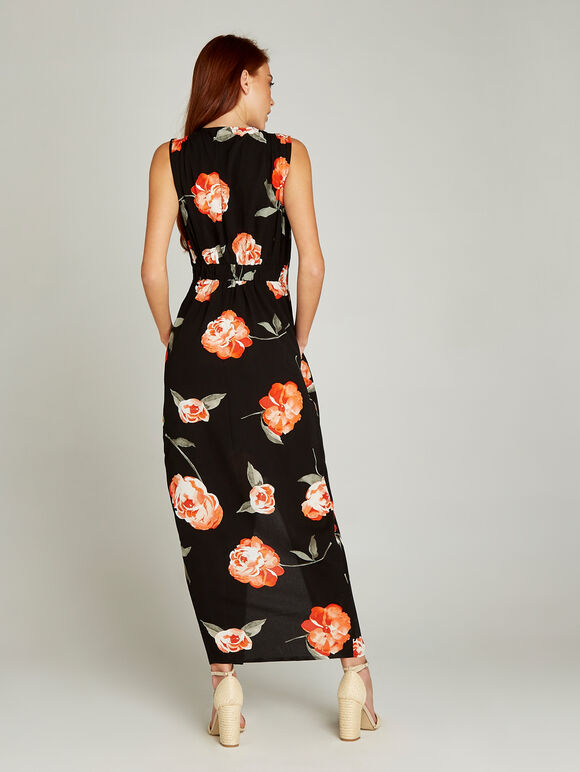 Black Peony Zip Front Maxi Dress, Black, large