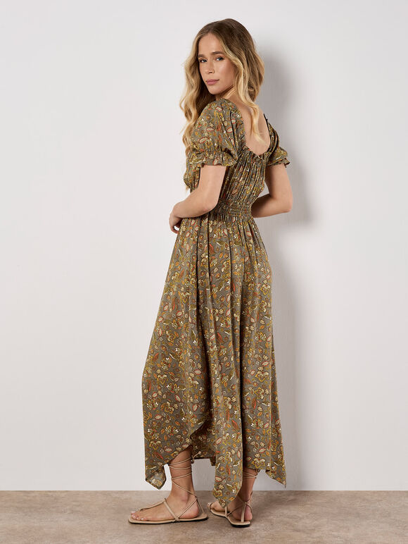 Sarasa Floral Milkmaid Midi Dress, Khaki, large