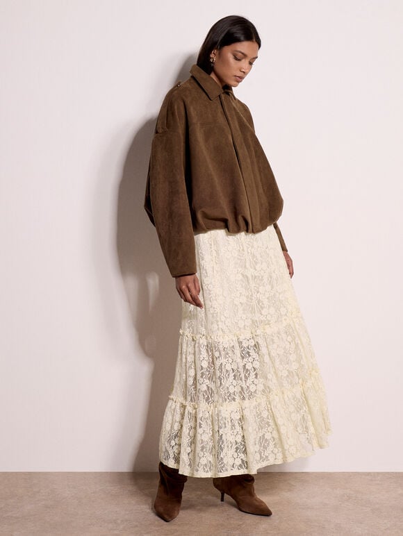 Suedette Bubble Hem Batwing Jacket, Brown, large