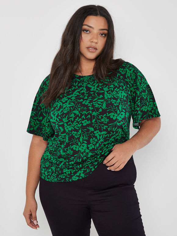 Curve Silhouette Floral Jersey Top, Black, large