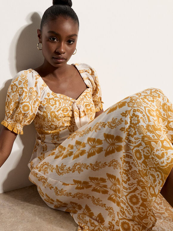 Butterfly Border Print Midi Dress, Mustard, large