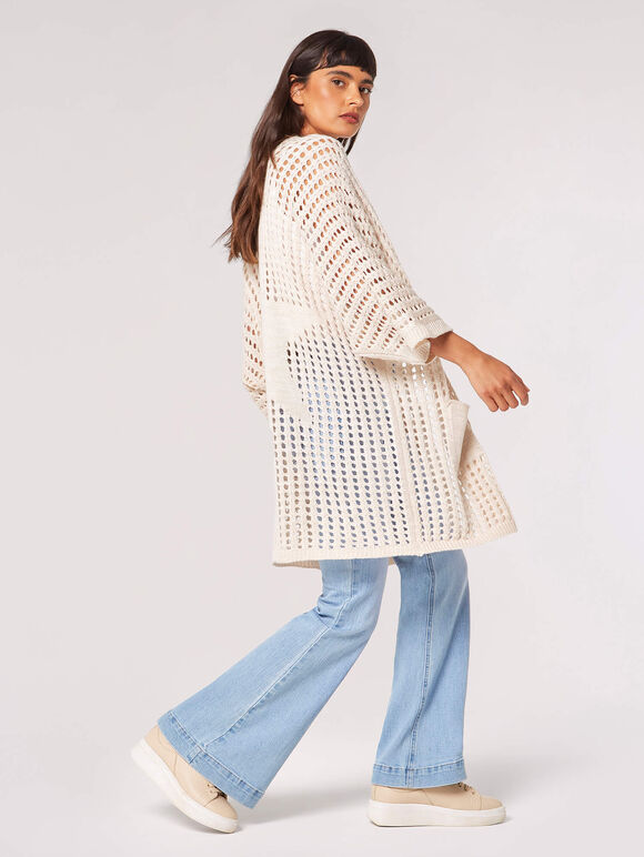 Star Motif Open Knit Cardigan, Stone, large