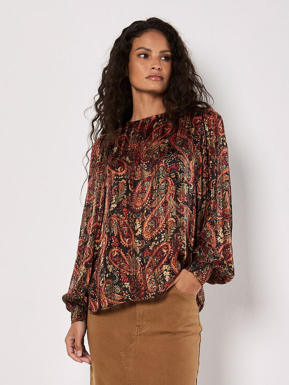Paisley Sparkle Self Stripe Blouse, Black, large