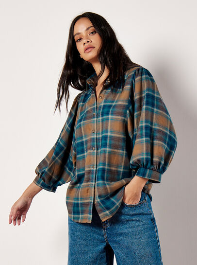 Soft Touch Balloon Sleeve Check Shirt