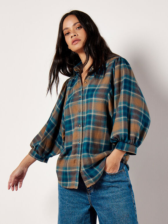 Soft Touch Balloon Sleeve Check Shirt, Brown, large