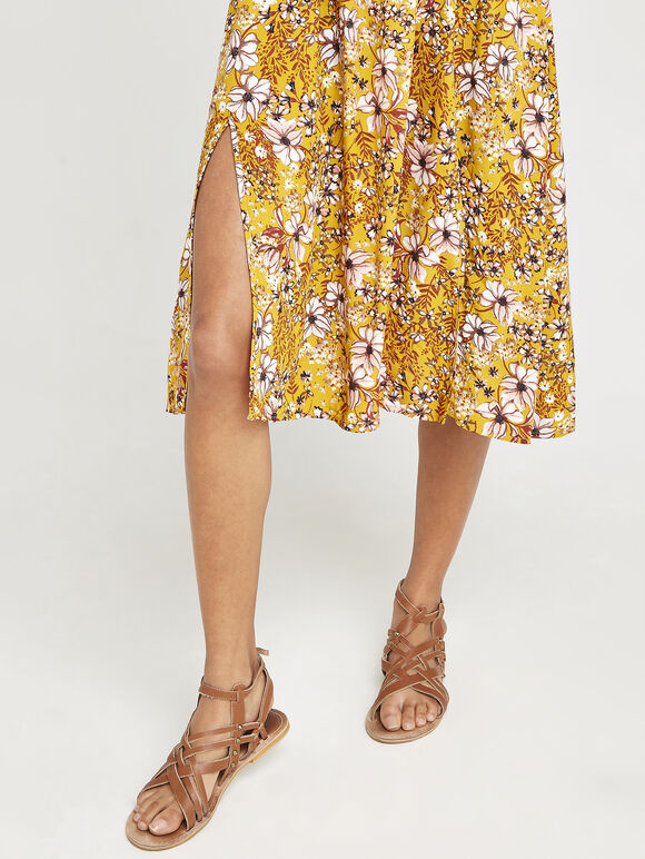 Summer Floral Bardot Midi Dress, Mustard, large
