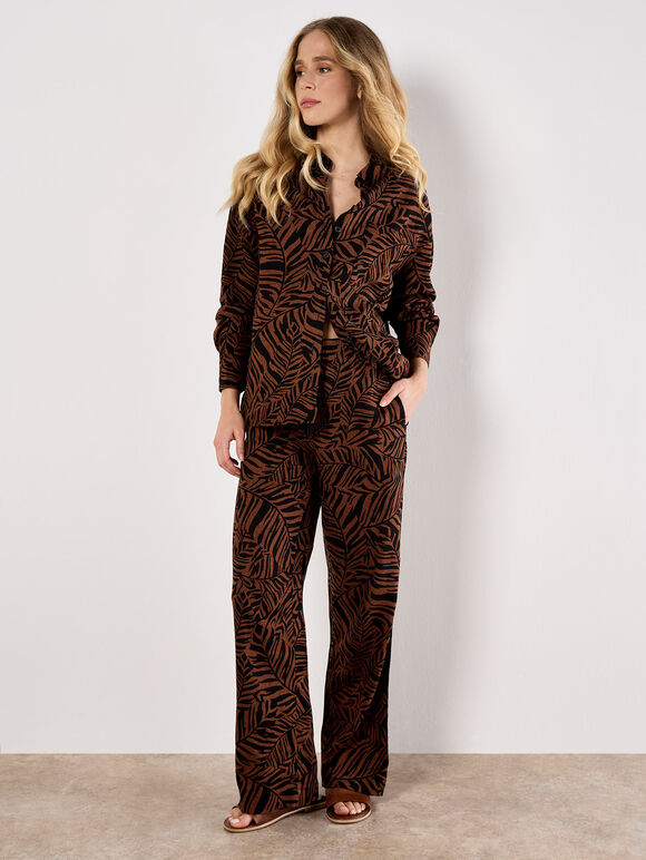 Leaf Linen Blend Wide Leg Trousers, Brown, large