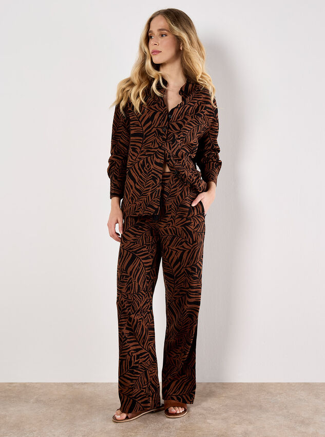 Leaf Linen Blend Wide Leg Trousers, Brown, large