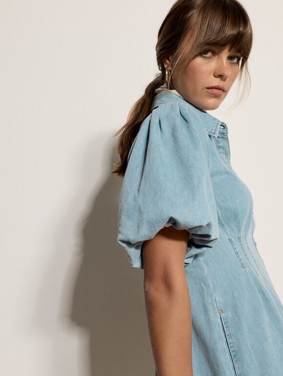 Cotton Denim Shirt Mini Dress, Blue, large