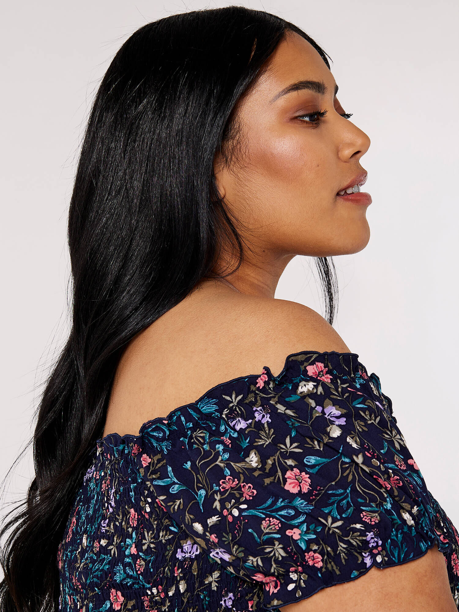 Curve Floral Bardot Midi Dress Apricot Clothing