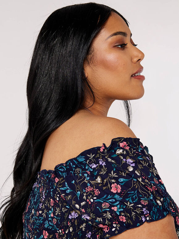 Curve Floral Bardot Midi Dress, Navy, large