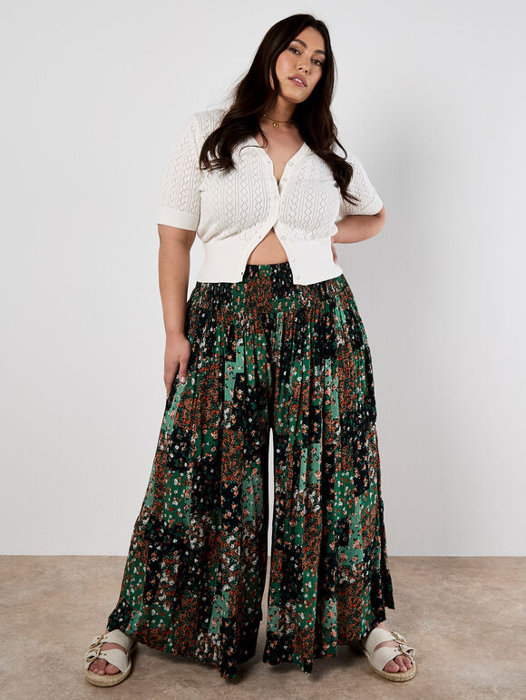 Floral Patchwork Crinkle Wide-Leg Trousers, Green, large