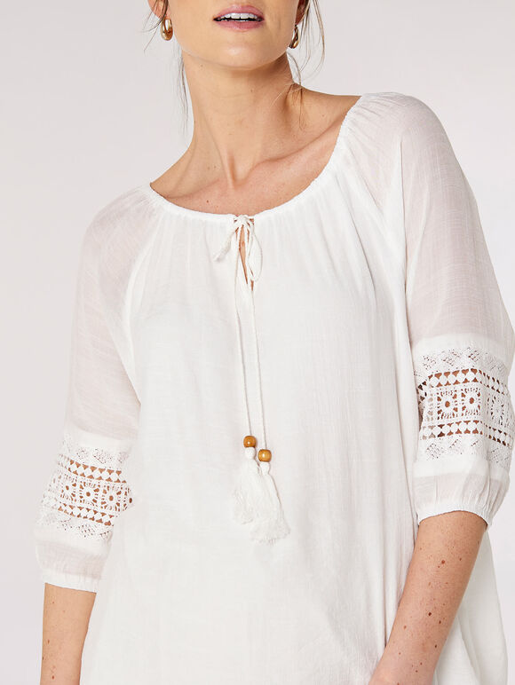 Crochet Detailled Slub Top, White, large