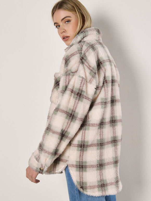 Check Print Fleece Shacket, Stone, large