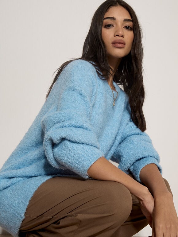 Soft Boucl&eacute; Oversized Long Jumper, Sky Blue, large