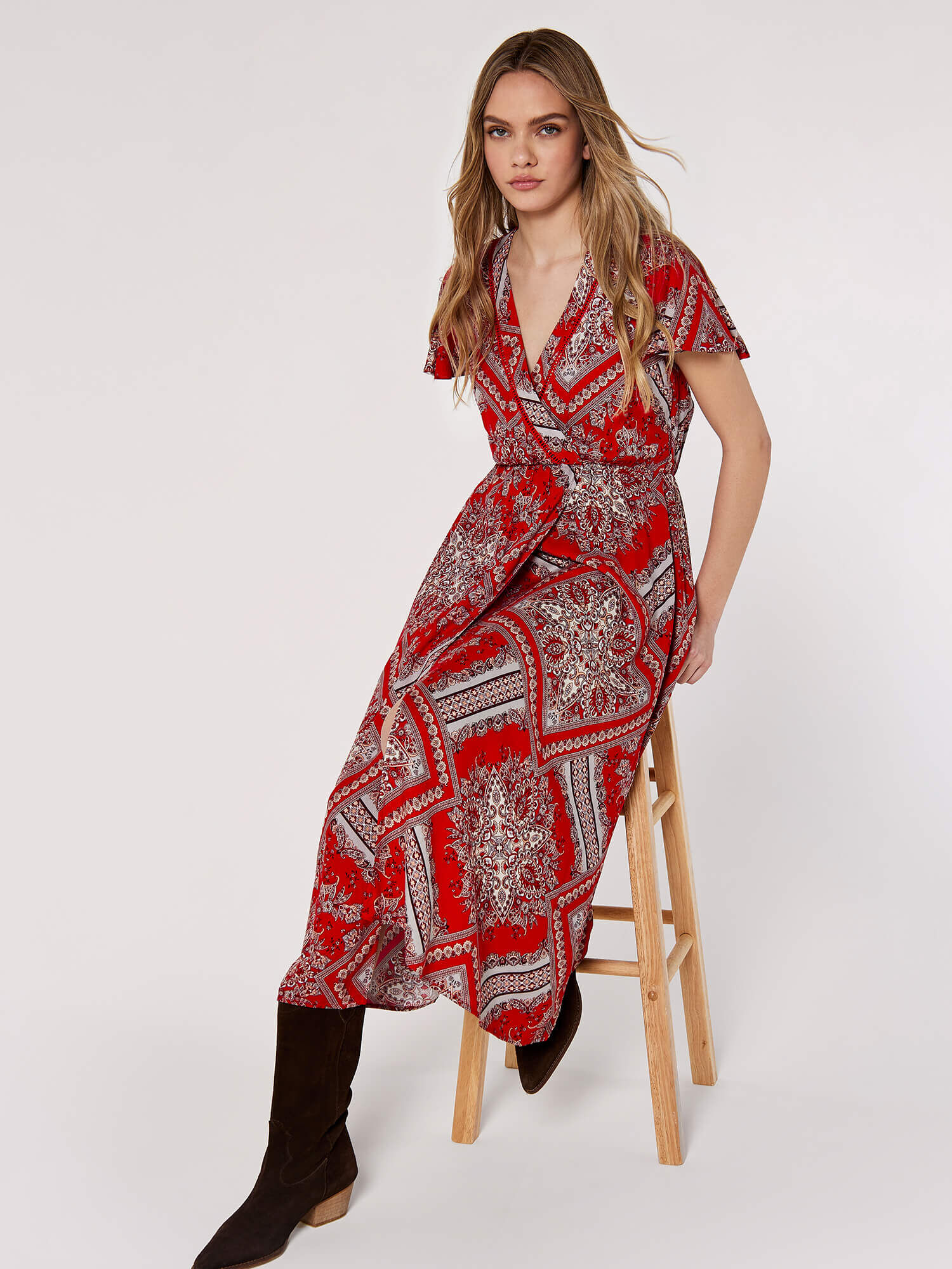 Scarf Print Midaxi Dress Apricot Clothing
