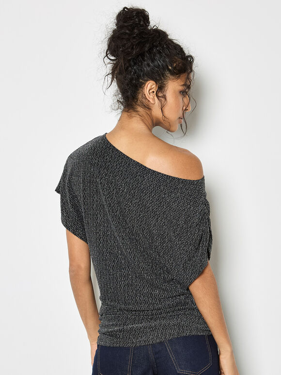 One-Shoulder Asymmetric Sparkle Top, Black, large