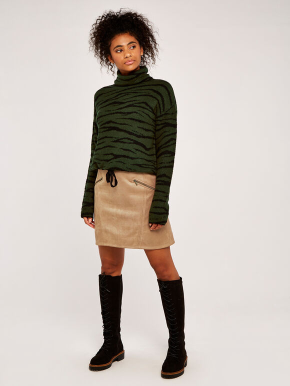 Zebra Drawstring Roll Neck Jumper, Green, large