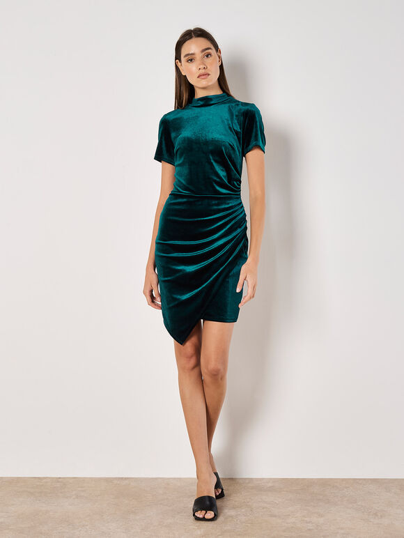 Velvet Ruched Mini Dress, Green, large