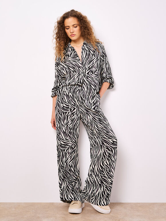 Zebra Print Wide Leg Trousers, Stone, large