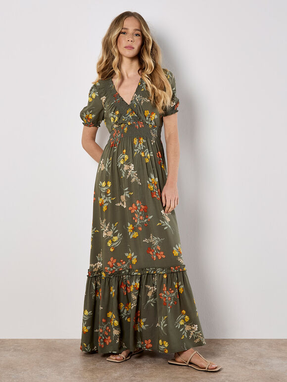 Watercolour Floral Maxi Dress, Khaki, large